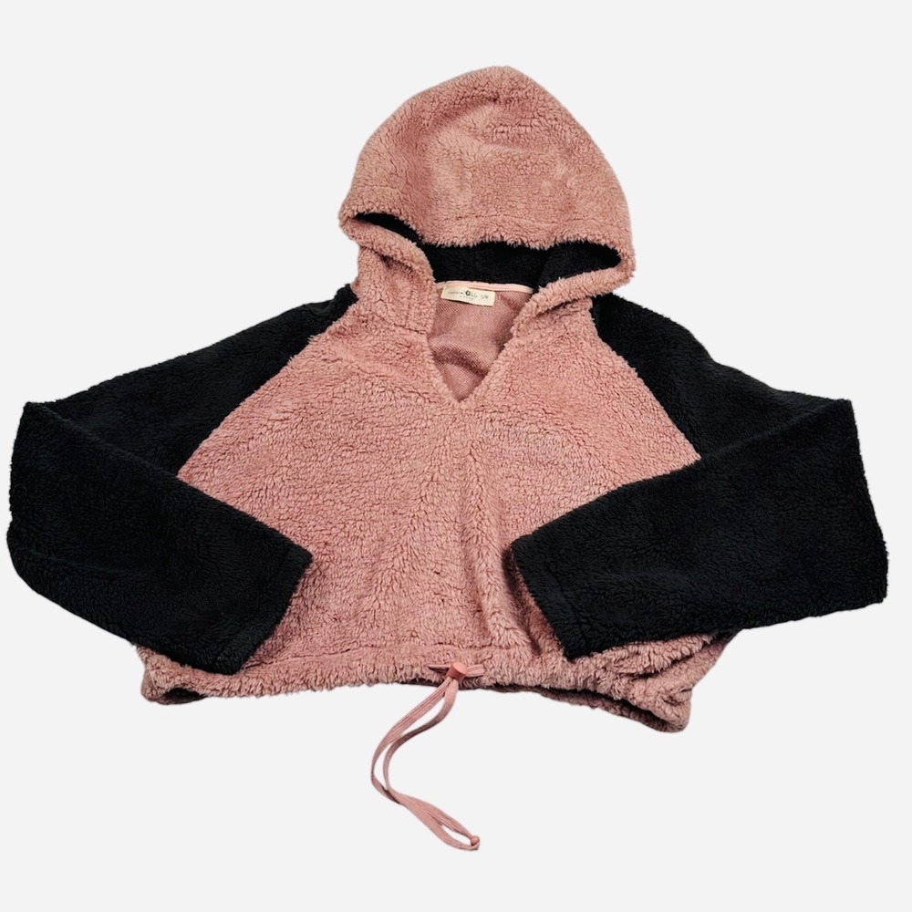 Natural Life Hoodie Womens S/M‎ Pink Black Sherpa Fleece Cropped Pullover